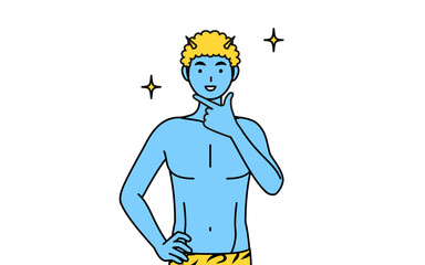 自信家のポーズを取るトラ柄パンツをはいた青鬼の男性、伝統行事、節分