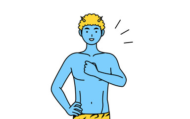 胸を叩くトラ柄パンツをはいた青鬼の男性、伝統行事、節分
