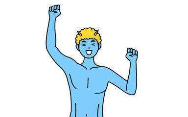 笑顔でジャンプするトラ柄パンツをはいた青鬼の男性、伝統行事、節分