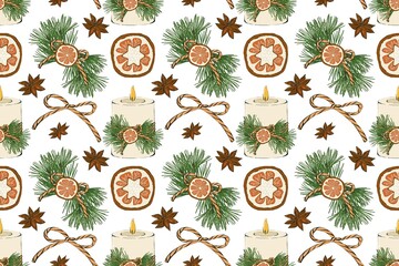 Seamless Christmas pattern. Design with Christmas elements on white background.