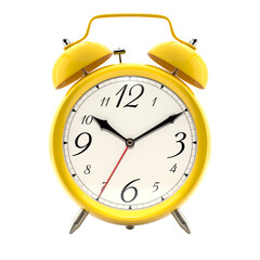 Alarm clock, vintage style yellow color clock with black hands, PNG clipart isolated on transparent...