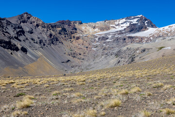 View of the breathtaking landscape at Paso Vergara / Paso del Planchón in Argentina while climbing up to the complex of the three volcanos Azufre, Peteroa and Planchón 