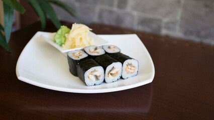 Eel maki. Sushi rice combination with smoked eel fish.