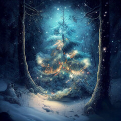 Christmas Tree in Forest. Generative Ai Illustration. Frozen Night Landscape.