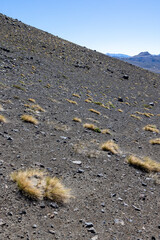 
View of the breathtaking landscape at Paso Vergara / Paso del Planchón in Argentina while climbing up to the complex of the three volcanos Azufre, Peteroa and Planchón 
