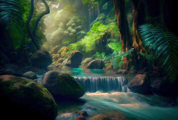 Landscape of rainforest with flowing spring and waterfall