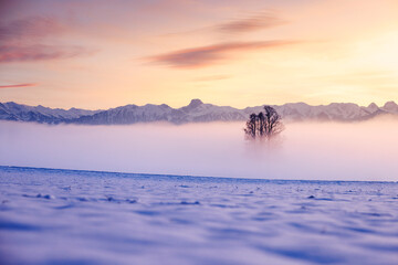 misty sunset with Stockhorn ridge in the distance in winter