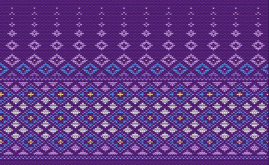Knitted ethnic pattern, Vector cross stitch knitting background, Embroidery decorative square style, Purple and white pattern oriental thread, Design for textile, fabric, carpet, print, tapestries