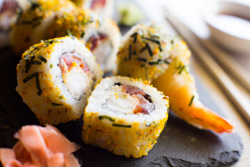 Ebi Uramaki Sushi. Sushi rice combined with premium prawns.