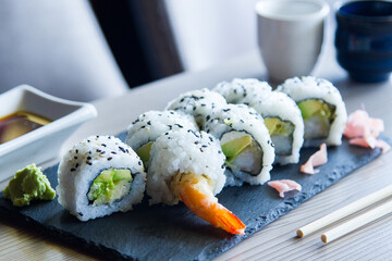 Ebi Uramaki Sushi. Sushi rice combined with premium prawns.