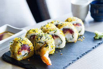 Ebi Uramaki Sushi. Sushi rice combined with premium prawns.