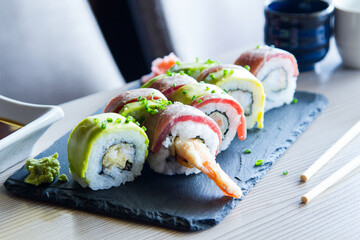 Ebi Uramaki Sushi. Sushi rice combined with premium prawns.