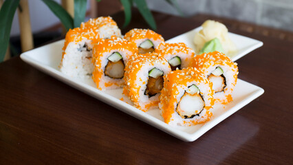 Ebi Uramaki Sushi. Sushi rice combined with premium prawns.