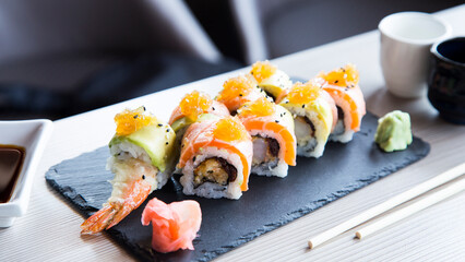 Ebi Uramaki Sushi. Sushi rice combined with premium prawns.