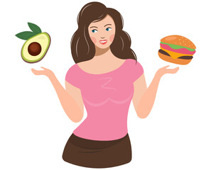 Choice between unhealthy and healthy food for life concept vector illustration isolated on white.Girl with avocado and hamburger. Diet and healthy eating. A young woman offers a hamburger or avocado.