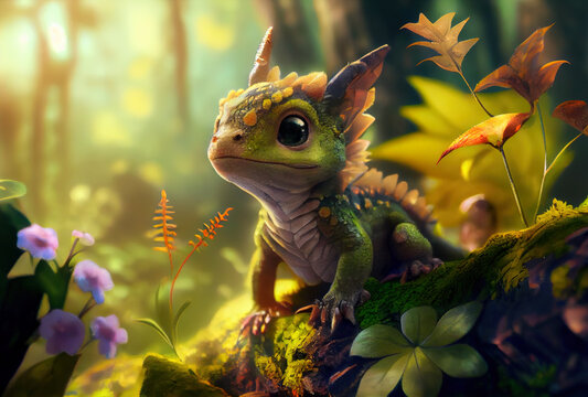 Cute baby dragon sitting in spring forest