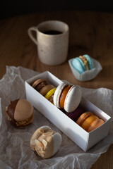 French dessert colored macarons on parchment. close-up