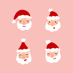 Cute Santa Claus avatars set hand drawn in cartoon style and isolated on pink background. Vector icons with funny Noel heads