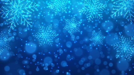 Fototapeta na wymiar Blue background with glowing snowflakes. Christmas and New Year banner. Vector illustration