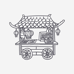 Hand drawn asian food truck stall vector drawing, illustration