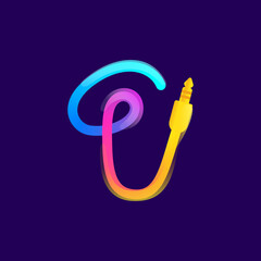 Number one logo made of vivid gradient line wire with mini jack icon and rainbow shine.