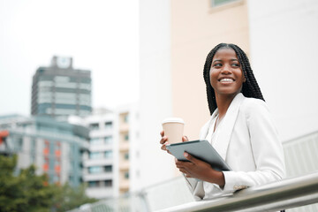 Fototapeta na wymiar Black woman, coffee break and corporate employee with tablet outside the office, working in a city and career marketer. Digital technology, African American professional and a businesswoman outdoors
