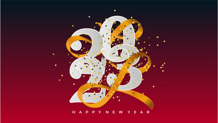 Happy new year 2023. Golden Christmas Decoration on Red & Black background.