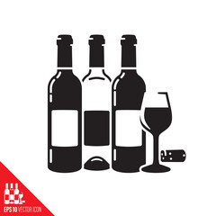 Wine bottles, wine glass and cork vector glyph icon. Alcoholic beverage symbol.