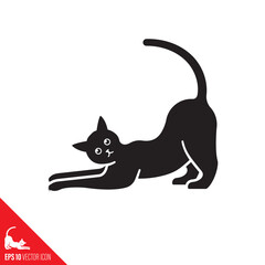 Cat stretching and scratching vector icon. Droll and funny pet symbol.