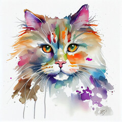 Beautiful Siberian Cat Watercolour portrait, colourful splashes, on white background. Generative AI.