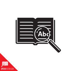 Thesaurus or encyclopedia with magnifying glass vector glyph icon. Knowledge, learning and education symbol.