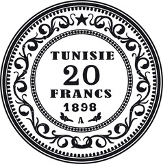 Tunisia coin 20 franc gold coin handmade vector silhouette