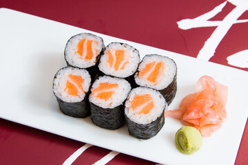 Salmon maki.
Image result for maki sushi
In Japanese, the word maki means 