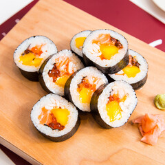 Salmon maki.
Image result for maki sushi
In Japanese, the word maki means 