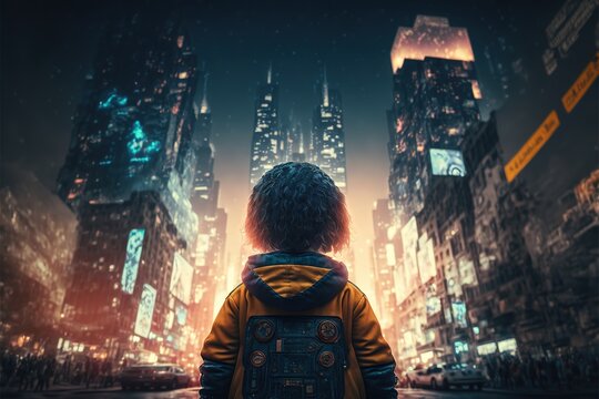 Little Kid Looking At Big Futuristic Buildings Deep In Thought Rear View Machine Learning Generative AI