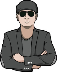 Bodyguard. Security man icon. Bouncer in sunglasses. Bouncer in a black suit and sun glasses. Vector eps10.