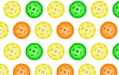 Seamless pattern Bright multicolored Pickleball balls. Pickleball Sports equipment for outdoor games. Background for banners, fabrics, papers, packagings. Vector 3d illustration