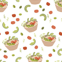 Poke bowl seamless pattern. Asian food background. Poke bowl with rice, egg, meat, fish, shrimp and seaweed. Perfect for restaurant cafe and print menus. Vector hand draw cartoon illustration.