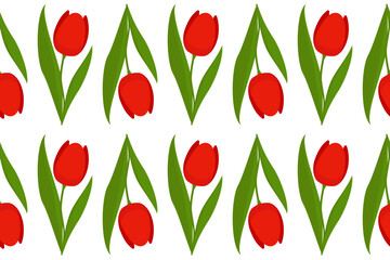 Obraz premium Seamless pattern with Red tulip on green stem with leaves. Template for greeting cards, banners, fabrics, packaging, paper for Valentine's Day, Birthday, wedding. Vector illustration. Cartoon style