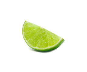 Close up photo of one slice, quarter or piece of green lemon isolated on white background with clipping path in png file format with drop shadow