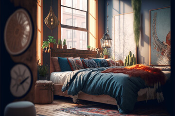 Illustration of boho style interior, bedroom with oriental decorations,created with Generative AI technology.