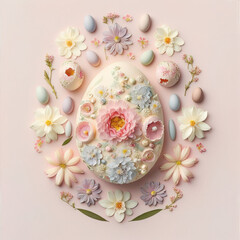 Creative romantic flat lay concept of fresh Spring flowers in the shape of an Easter egg. Happy Valentine's Day. Pastel pink background. Illustration. Generative AI.