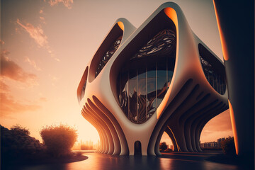 Illustration of exterior of modern futuristic building,created with Generative AI technology.
