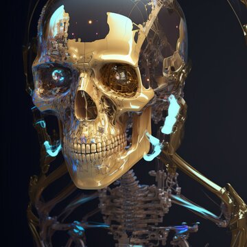 Cgi Skull Head Looking Harmless Covered In Gold Tech Detail Deep Learning Generative AI