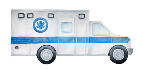 Watercolour sketch of ambulance car with blue stripe and star of life emblem. Hand drawn water color illustration, isolated clip art element for banner, sticker, icon, print, hospital poster, card. © Julija