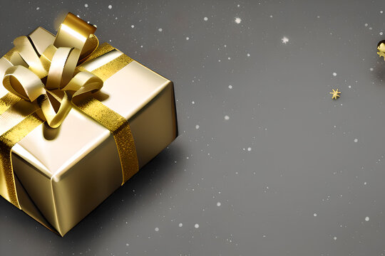 Christmas Gold Present Gift Box With Snowy Sparkling Background. Holiday or Birthday Greeting Card.