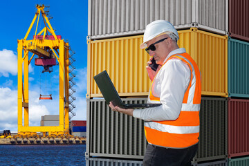 Marine terminal worker. Man logistician call on phone. Logistician with laptop stands near seaport. Crane for loading containers on ship. Logistician near sea containers. Guy in helmet on sea pier