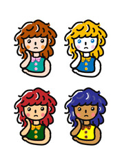 Girls of four different skin tones. Upset girl illustration.