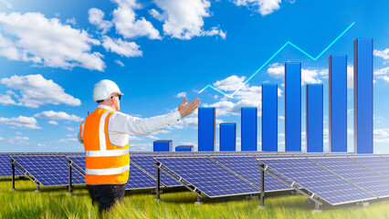Farm with solar panels. Chart of increasing solar electricity production. Man rejoices when sees solar panels. Engineer with back to camera in field with sun generators. Eco-friendly energy