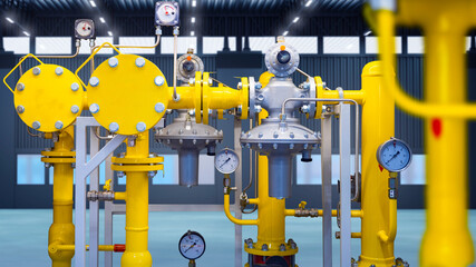 Pipes in chemical factory. Pipeline with pressure sensors. Production of chemical products. Yellow pipes inside hangar. Industrial building with pipeline. Production of chemical products. 3d image.